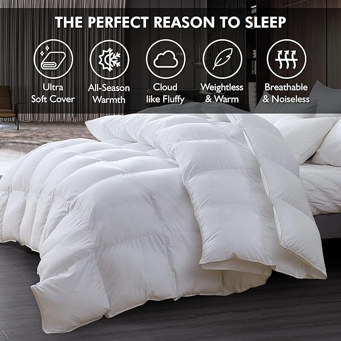 Luxurious Oversized King 108" x 98" Size Goose Down Fiber Waterfowl Feather Fiber Comforter Duvet, 100% Egyptian Cotton Cover, 65 oz. Fill Weight, Baffle Box Design, White Solid
