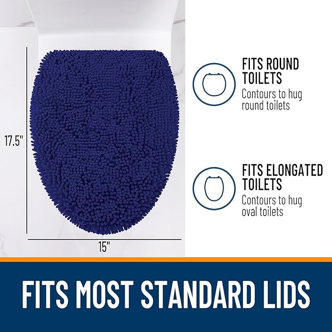 OLANLY Soft Chenille Bathroom Toilet Lid Cover, Machine Washable Seat Covers, 17.5x15, Stays in Place Rubber Backing, Fits Most Round, Elongated and Oblong Lids, Accessories Decor, Navy