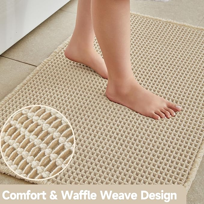 Pale Beige Bathroom Rug, Waffle Bath Mat Non Slip Washable Super Absorbent Quick Dry Boho Farmhouse Bathroom Decor, 36''x24'' Pale Beige