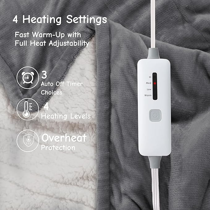Electric Heated Blanket Throw 50"x60", Soft Flannel Sherpa Heating Throw with 4 Heat Settings, 3-Hour Auto Shut-Off Timer, Grey