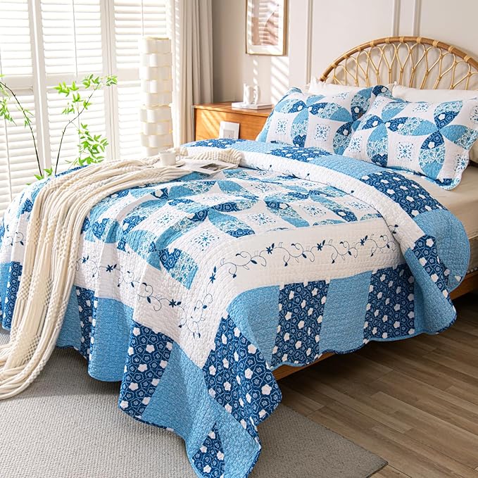 Cmfshape Blue Quilt Sets Bedspread Set 100% Cotton Patchwork Coin Pattern Bedding Set,All Season Use Lightweight Reversible Coverlet Quilts with 2 Pillow Shams(King 106"x96")