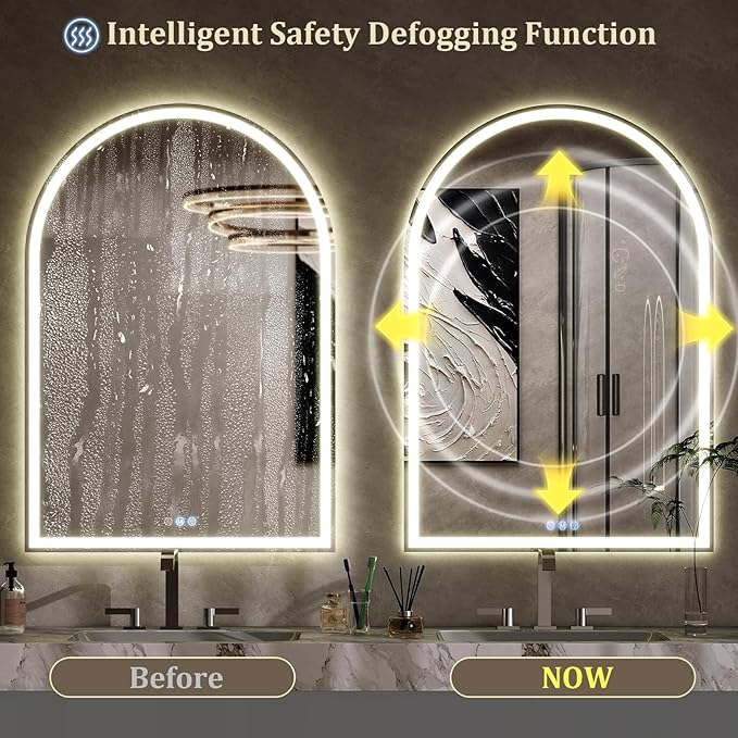 BEAUTYPEAK LED Arch Bathroom Mirrors with Lights, 40x30 Arch Mirror with Metal Frame, Anti-Fog,LED Mirror with Front Light and Backlit, Memory Function for Bathroom, Dressing Room