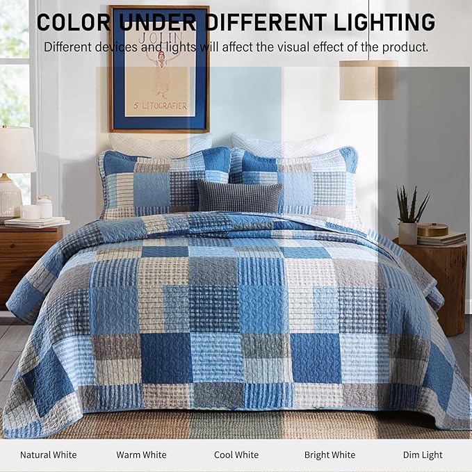 KALOOLA Plaid Quilts Queen Size, 100% Cotton Soft Bedding Set with 2 Pillow Shams, Farmhouse Lightweight Blue Grey Queen Bedspread Coverlet Set for All Season, 3 Pieces