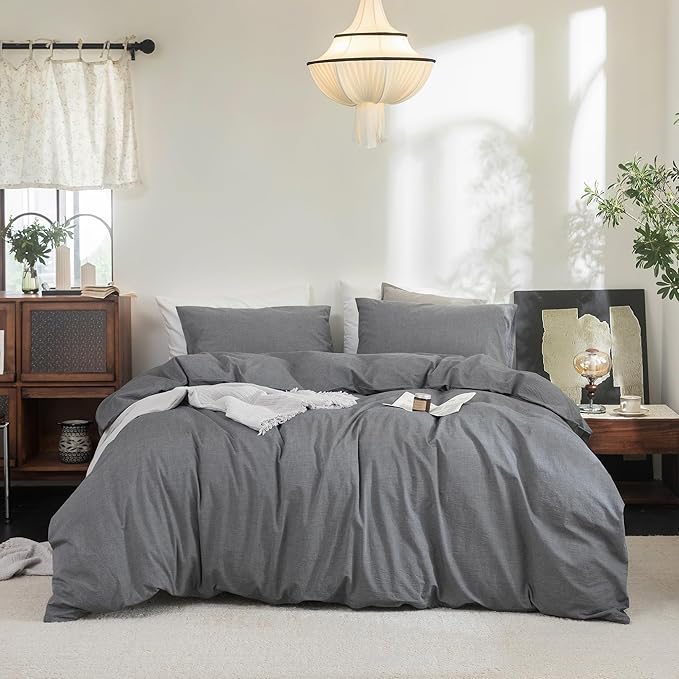 FOSSA Duvet Cover Set 100% Washed Cotton Linen Feel Super Soft Breathable Cozy 3 Pieces Bedding Sets Solid Dark Grey Oversized Queen