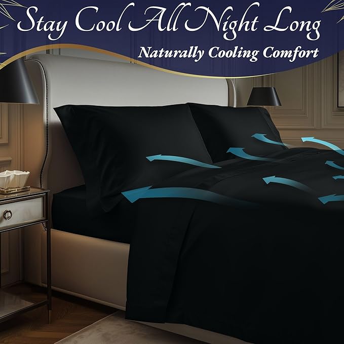 DECOLURE 100% Viscose Derived from Bamboo Sheets Queen Size 4pcs - Ultra Soft & Luxuriously Cooling, 17" Deep Pocket, Double Stitching, Perfect for Hot Sleepers - Queen Bed Sheets (Black)