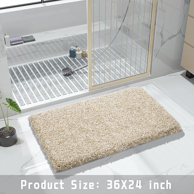 Yimobra Bathroom Rugs Non Slip Washable 36x24, Ultra Soft and Water Absorbent Bath Mats, Plush Fluffy Shower Mat Outside, Luxury Microfiber Thick Matts for Bathroom Floor/Tub, Light Beige and White