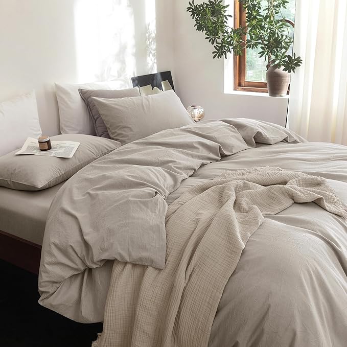 FOSSA Duvet Cover Set 100% Washed Cotton Linen Feel Super Soft Breathable Cozy 3 Pieces Bedding Sets Solid Cream Grey Twin