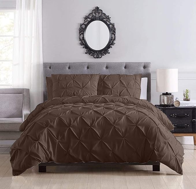 Pinch Pleated Duvet Cover Set 100% Cotton 3PC Oversize Size 98x120 Duvet Cover Set, Decorative Pinch Design Brown Duvet Cover with Matching Pillow Case