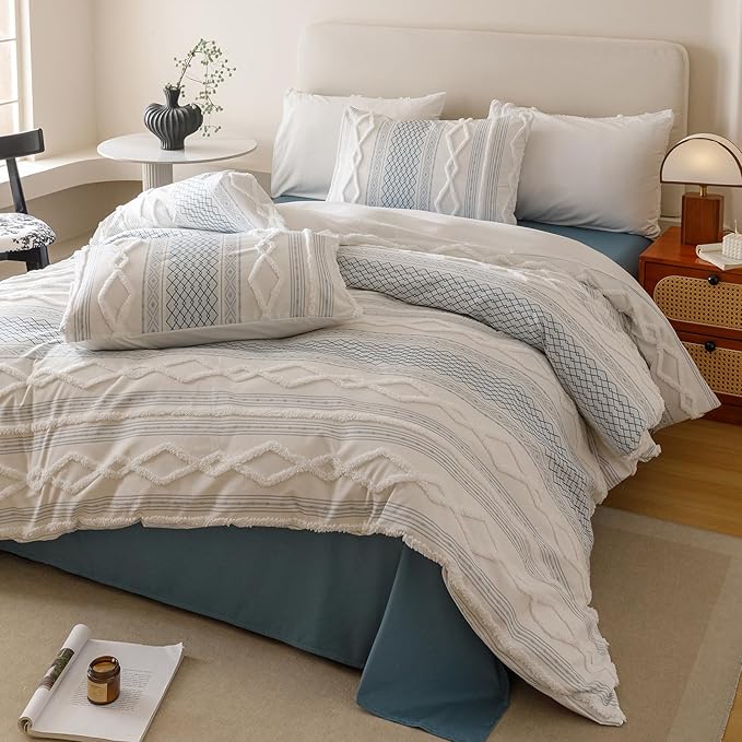 Cottonight White Blue Boho Comforter Set Twin Farmhouse Tufted Bedding Set Soft Bohemain Shabby Chic Blanket Quilts Embroidery Rustic Luxury Soft 3PCS Bed Set for Women Men