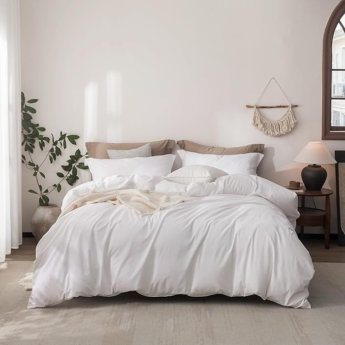 Linen Feel Duvet Cover Queen Size 90inch x 90inch,100% Washed Cotton Duvet Cover with Zipper Closure and 2 Pillowcases, Color of Bright White