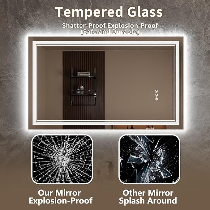 Bathroom Mirror with Lights 32"X48" with Front Light and Backlit, Tempered Glass, Wall Mount Horizontal/Vertical, Stepless Dimmable, 3 Colors, Anti Fog, Bathroom Memory LED Mirror