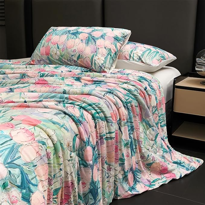 Cyusri Floral Print Cooling Comforter Set 3Pcs Breathable Cool King Size Bedding Set with 2 Pillowcases Pink Tulip Pattern Silky Cold Quilt, 108"x90"