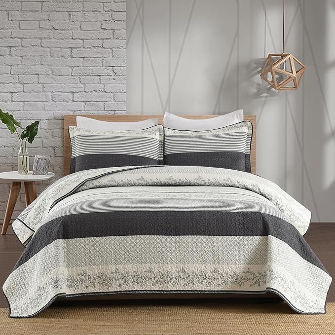 Stripe Quilts Queen Size - 100% Cotton Lightweight 3 Pieces Bedding Set, Vintage Vine Pattern Quilted Bedspread with 2 Pillow Shams, Farmhouse Printed Coverlet for All Season, Green/Gray