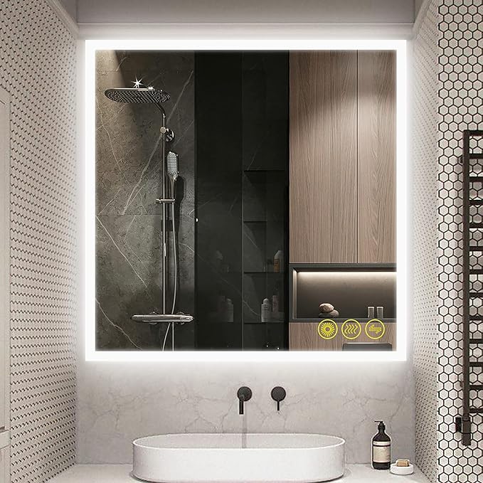 Wall-Mounted LED Square Bathroom Mirror, Makeup Mirror (36 inches x36 inches,) 3 Color Stepless Dimmable Memory Bathroom Vanity Mirror with Lights CRI90+ 3000-6400K Smart Mirror with Touch