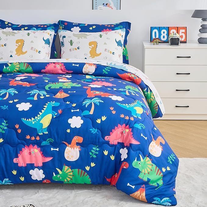 Wajade 7 Piece Kid Boys Dinosaur Comforter Set Queen Size 3D Blue Dinosaur Wild Park Jungle Print Bedding Set with Comforter, Sheet Set, Pillowcase and Sham