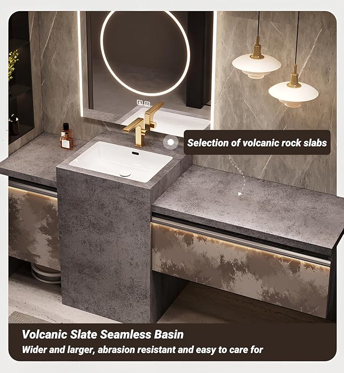 Single Sink Freestanding Bath Vanity, Modern Bath Vanity with LED Smart Mirror, 76IN Solid Wood Floating Bathroom Sink Cabinet with Marble Slate Top and Large Storage Drawer