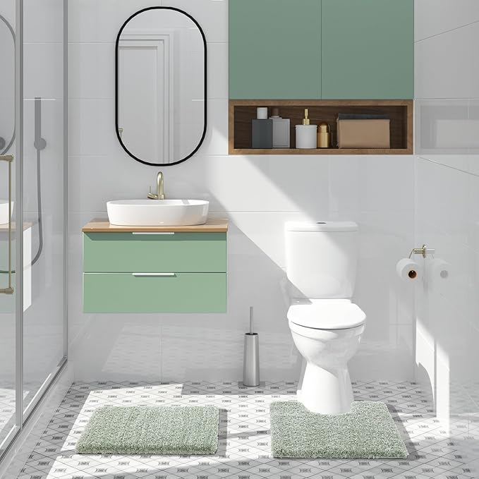 Yimobra Bathroom Rugs for Home Essentials, Non Slip Washable Bath Mat, Soft Water Absorbent Plush Shower Rug for Bathroom Floor, Bath Decor Accessories, 24x17, Light Green White