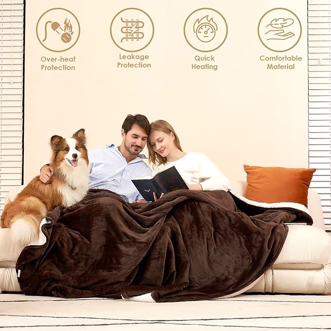 EHEYCIGA Heated Electric Blanket King Size - 9 Heating Levels, 10 Hours Auto Off, Soft Cozy Sherpa Washable Dual Control With Fast Heating, 90 x 100 Inches