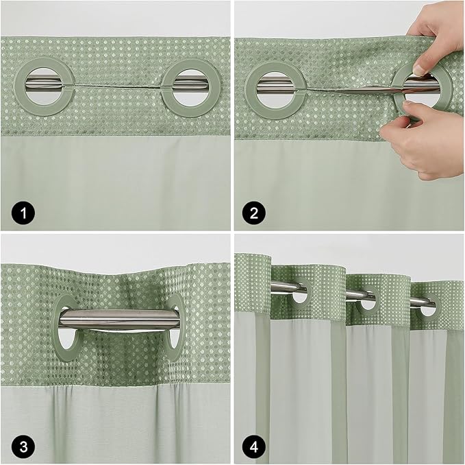 Colorful Star No Hook Shower Curtain with Snap in Fabric Liner, Waffle Weave Heavy Duty Thick Shower Curtains with Mesh Top Window, Hotel Style Waterproof Bathroom Curtain Set, 72'' x 75'', Sage Green
