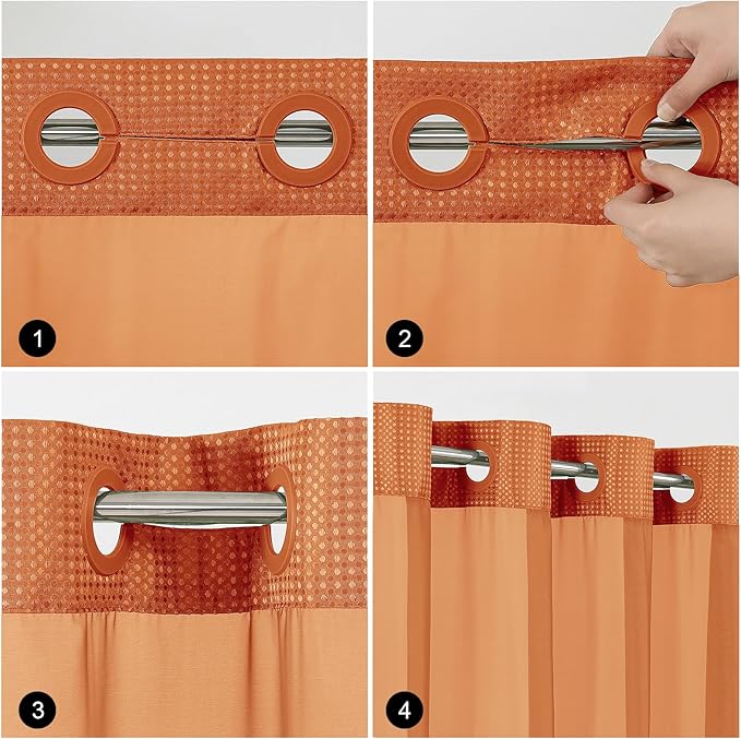No Hook Shower Curtain with Snap in Fabric Liner, Waffle Weave Heavy Duty Thick Shower Curtains with Mesh Top Window, Hotel Style Waterproof Bathroom Curtain Set, 72 x 75 Inch, Burnt Orange