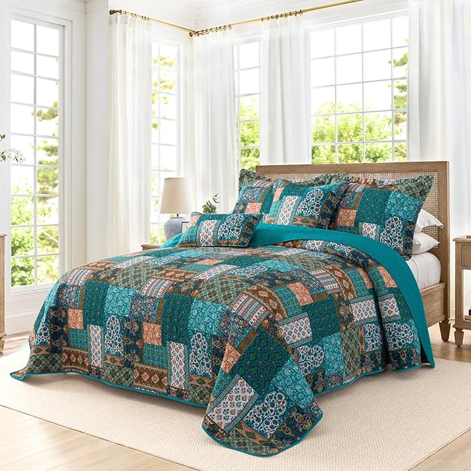 BEDIFANY Cotton King Size Quilt Set, Lightweight Bedspread King Coverlet, Soft Farmhouse Quilt Bedding Sets for Bed Decorations All Seasons (3 Pieces, Green)