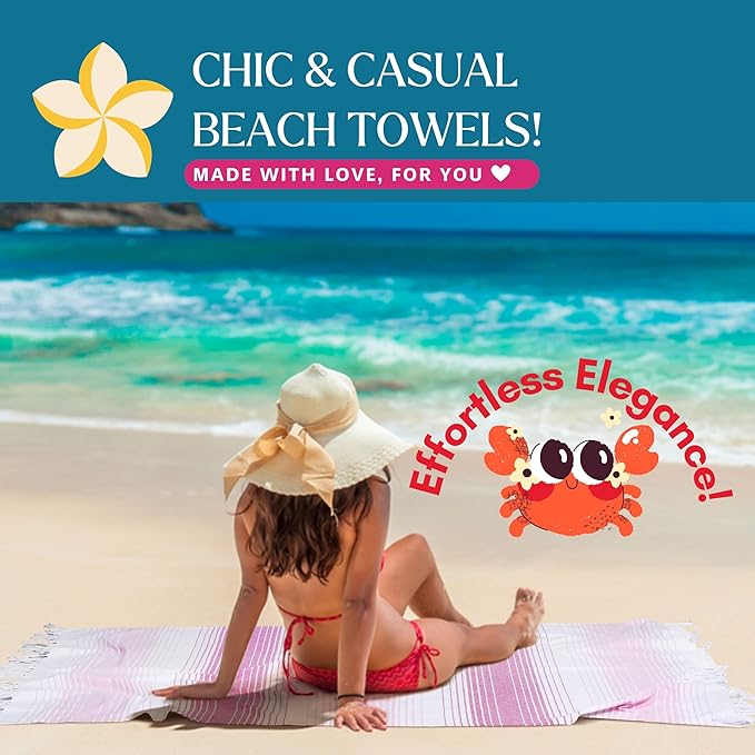 Native Fab Pink Stripe Beach Towels 6 Pack - 100% Cotton Turkish Towel - Oversize 40x71 Inches - Quick Dry, Soft, Sand Resistant Hammam Towels for Adults, Swim, Bath, Pool - Pink and White