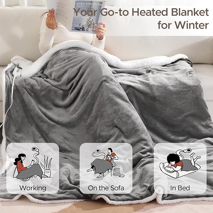 Heated Blanket 72"x84" Full Size, Dual-Sided with Soft Flannel & Sherpa Fabric, Electric Blanket with 9 Heating Levels & 2-10 Hours Auto Off, Machine Washable, Light Gray