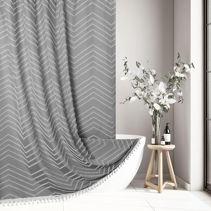 Extra Long Grey Boho Shower Curtain with Tassel, Woven Fabric 84 in Shower Curtain, Tufted Chevron Striped, 72 x 84, Modern Chic Textured Minimalist Bathroom Shower