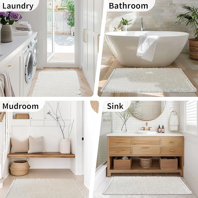 White Long Bathroom Rugs, Waffle Runner Bath Mat Non Slip Washable, Super Absorbent & Quick Dry, Boho Bath Mat Farmhouse Bathroom Decor, 24'' x 60'', White