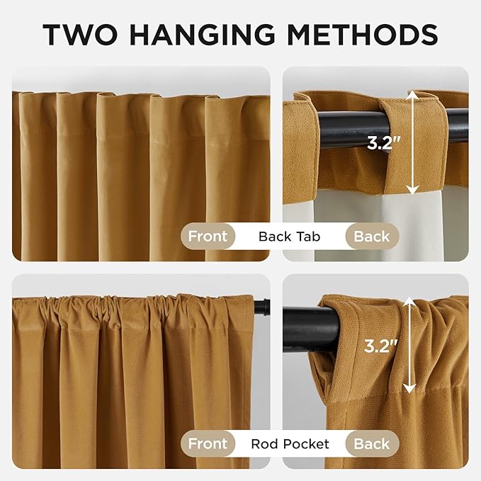 Joydeco Mustard Yellow 100% Blackout Curtains 96 Inch 2 Panels, Luxury Thermal Yellow Velvet Curtains for Bedroom Living Room, Soundproof Blackout Window Drapes, Rod Pocket & Back Tab (52W x 96L)