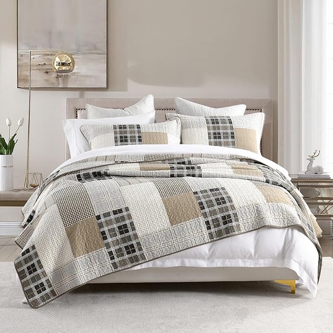 KALOOLA Plaid King Quilt Set, 100% Cotton Beige King Quilt Bedding Set, Farmhouse Reversible Quilted Bedspread Coverlet with 2 Pillow Shams, Lightweight Thin Comforter for All Season, 3 Pieces