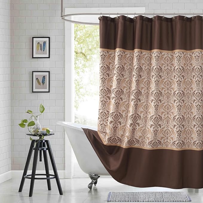 Extra Long Fabric Shower Curtain, Soft & Lightweight Brown Damask Print Shower Curtains for Bathroom, 72" W x 84" H