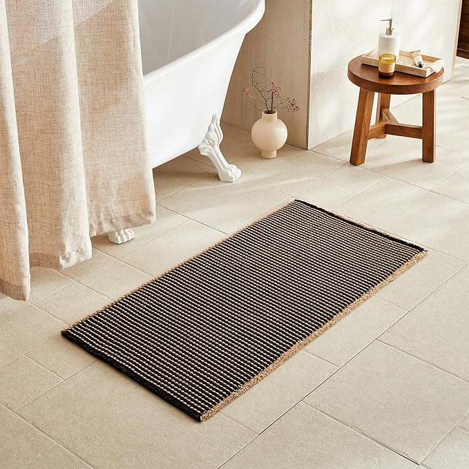 Waffle Bath Mat, Boho Bathroom Rugs Non Slip Washable Super Absorbent Quick Dry Bath Mat Farmhouse Bathroom Decor, 48"x24" Khaki and Black