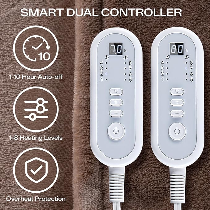 Electric Blanket King Size, Ultra Soft Flannel Heated Blanket for Full Body, Dual Control Heating Blankets with 10 Hours Automatic Shut Off, 8 Heating Levels, Washable, Double Zone, 100" x 90" Brown