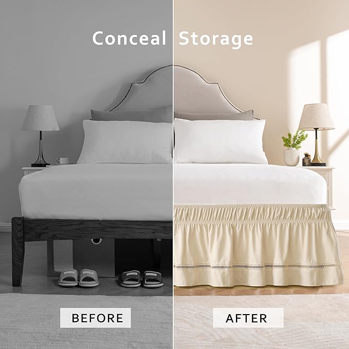 MIYE Wrap Around Ruffled Lace Bed Skirt, Elastic Dust Ruffle with Adjustable Belts, Easy to Put On, Bed Frame Cover, Machine Washable (Ruffled Lace/Light Beige, King/Queen-15 Drop)