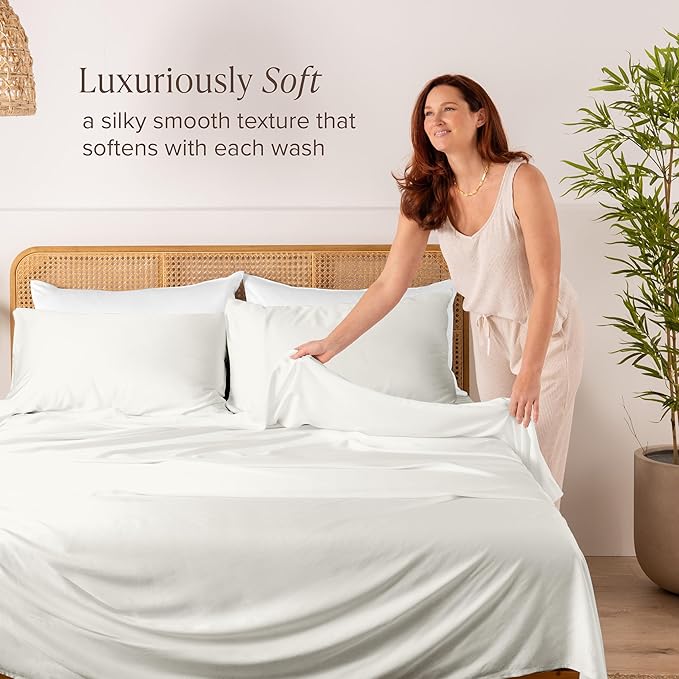 Bare Home 100% Rayon Made from Bamboo Queen Sheet Set - 4 Piece Bedding Set - Deep Pockets - Breathable - Easy Fit - Bedding Sheets & Pillowcases (Queen, Cream)