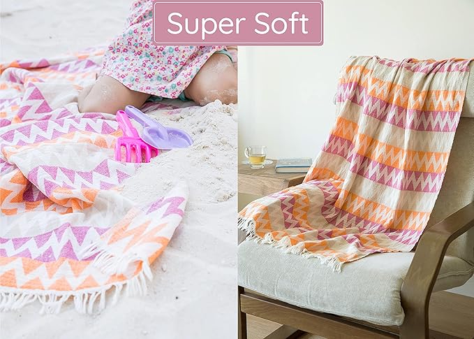 Turkish Beach Towel (35”x67”) – 100% Cotton Quick Dry, Lightweight Oversized Beach Towel for Pool & Travel – Zig Zag Orange Color