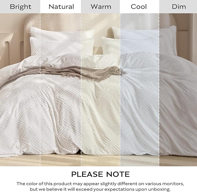 JELLYMONI Duvet Cover Super Queen Size White - 3PCS Boho Duvet Cover Set Plaid Polyester Tufted Bohemian Jacquard Knit Textured Comforter Cover 98×90in Rhombic Geometric Pattern Zipper Corner Tie