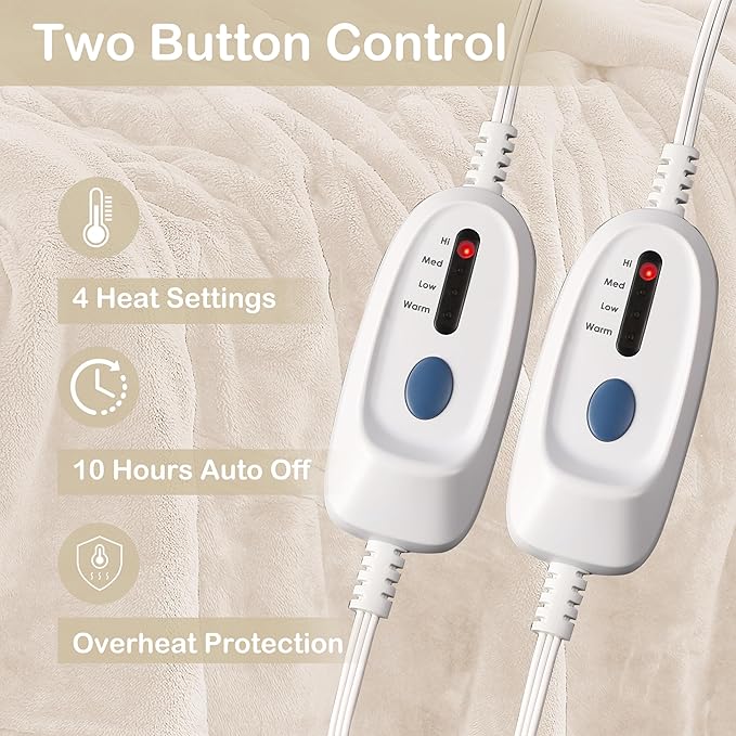 Electric Heated Blanket Queen Size 84"x90", Dual Controllers, Cozy Large Oversized, 4 Heating Levels & 10 Hours Auto Off, Cozy for Bed, Sofa, & Office, Machine Washable, White