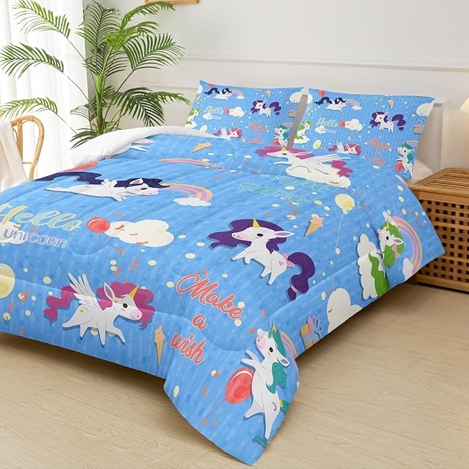 Unicorn Comforter Set Queen Size,Rainbow Kids Comforter Set,3Pcs Bedding Set Printed Comforter with 2 Pillowcases,Down Alternative,Soft and Lightweight,for All Seasons