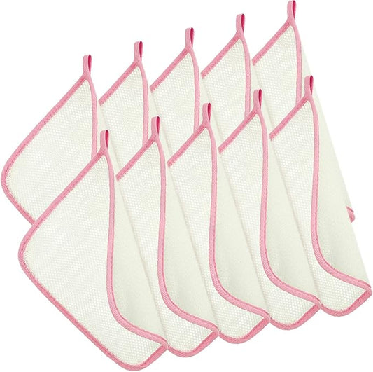 Tatuo 10 Count Popup Closed Exfoliating Wash Cloths for Body and Face Facial Bath Scrub Soft Weave Loofah Towel Exfoliate Bath Towel Remove Dead Skin Wash Cloth for Women Man (Pink Edge)