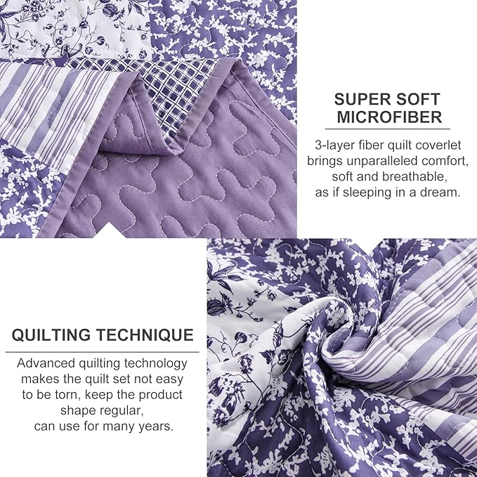 Mybedsoul Purple Quilt Set King Size Quilt Bedding Set Brown Plaid,3 Pieces Floral Patchwork Reversible Bedspread Coverlet Set for All Season,Soft Microfiber Bedding Set King 90"x104"