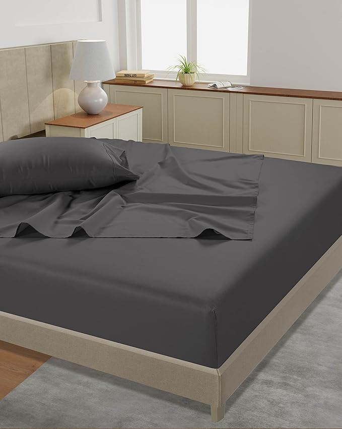 LANE LINEN California King Sheet Set – 450 Thread Count 100% Cotton Sheets, Soft & Breathable Sateen Weave, Naturally Cooling, 15” Deep Pocket Fully Elasticized Fitted, Luxury Hotel Bedding, Charcoal