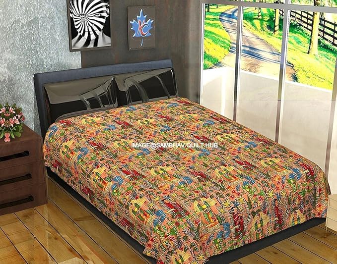 Floral Printed Cotton Quilted Blanket Indian Handmade Bedspread Kantha Work Bohemian Bed Decor Throw Blanket Twin/King/Queen (60X90 inches)