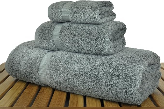 Luxury Hotel & Spa Quality Collection, Quick Dry 100% Turkish Cotton, 750+ GSM, Eco Friendly Towel Set, Bathroom and Kitchen Dobby Border Towels (3 Piece, Gray)