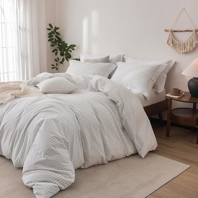 Stripe Linen Feel Duvet Cover King Size 104inch x 90inch,100% Washed Cotton Duvet Cover with Zipper Closure and 2 Pillowcases, Stripe of White-Cornflower Blue