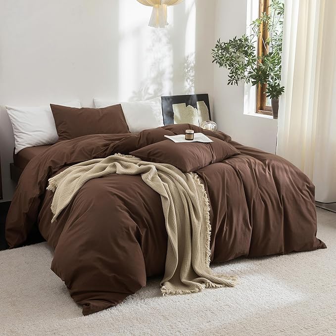 FOSSA Duvet Cover Set 100% Washed Cotton Linen Feel Super Soft Breathable Cozy 3 Pieces Bedding Sets Solid Cocoa Brown Super Queen