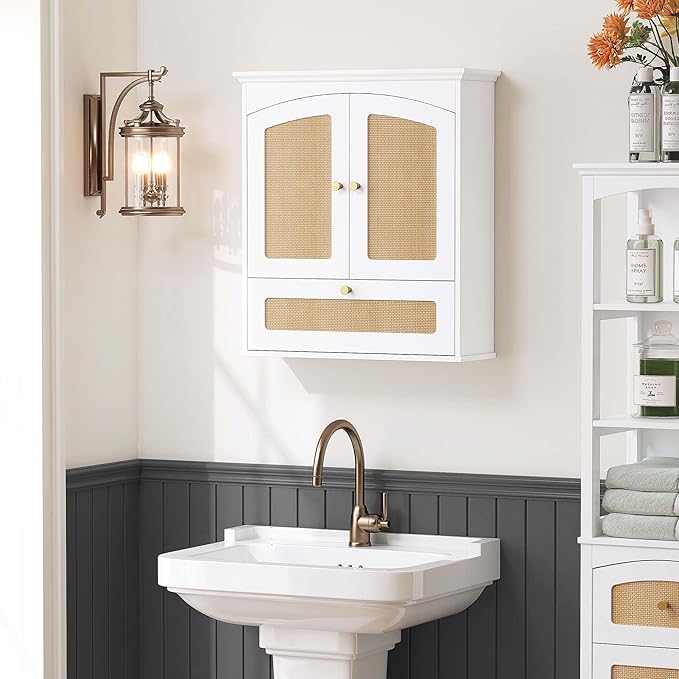Spirich Bathroom Cabinet Wall Mount, Medicine Cabinet for Bathroom, Over The Toilet Storage Cabinet with Rattan Doors and Tilt-Out Cube