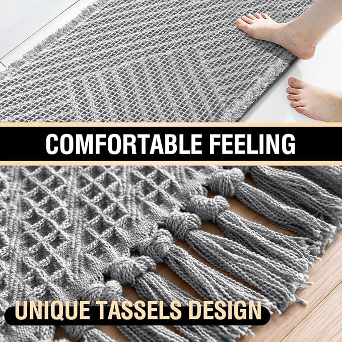 H.VERSAILTEX Waffle Bath Mat Super Absorbent Boho Bath Mat Non Slip Bath Rugs for Bathroom Floor Machine Washable Dry Fast Bathroom Rugs with Tassels, 17" x 24", Dove