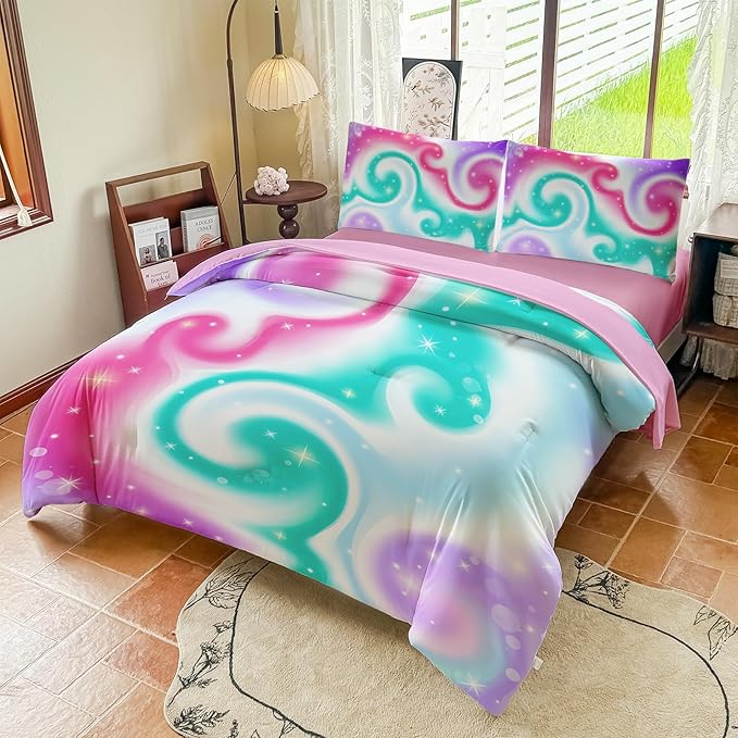 Girls Full Size Bedding Sets Rainbow Bedding – 5 Piece Comforter Set Full, Gradient and Colorful Galaxy Comforter for All-Season – Machine Washable, Durable – Gift Idea for Boys and Girls Room